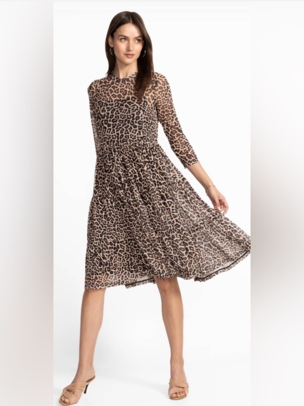 Johnny Was Chesnut Leopard-Print Mesh Tiered Dress Black Slip Size XL